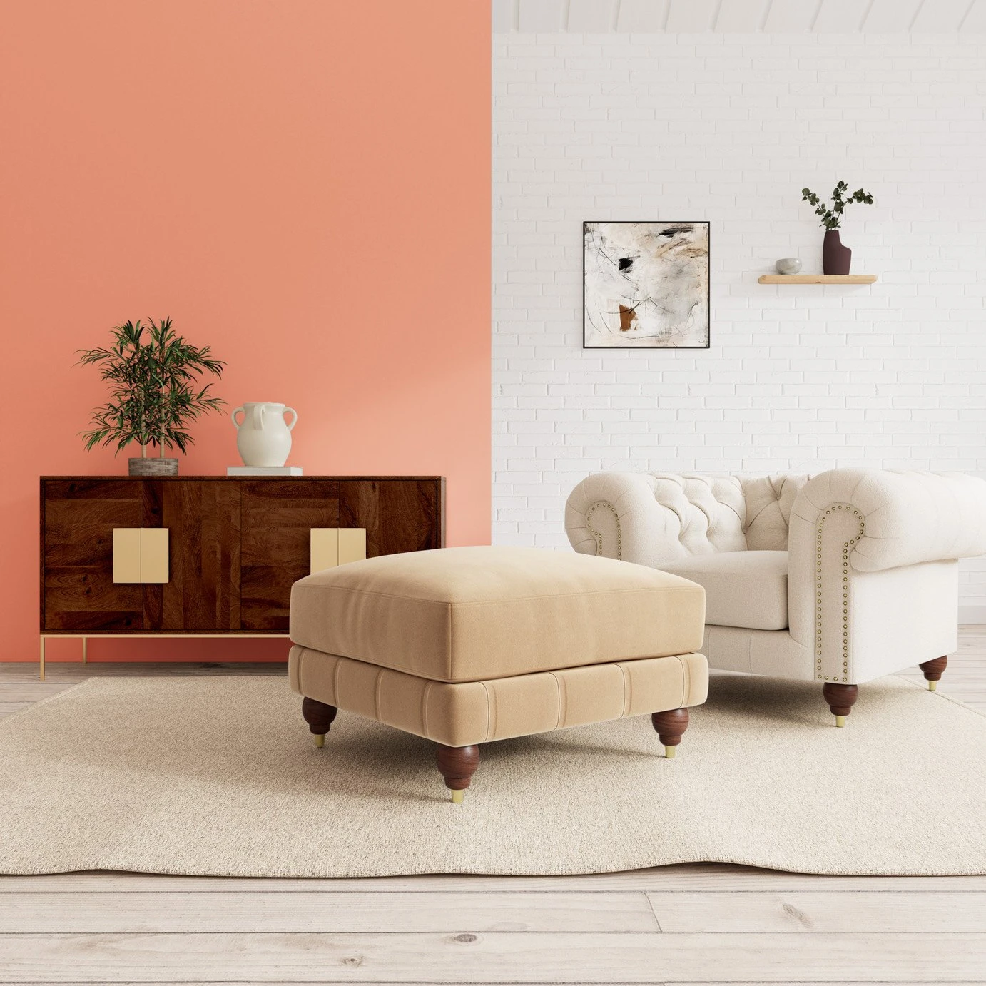 Swoon Winston Velvet Ottoman Footstool - Biscuit 2 Swoon Winston Velvet Ottoman Footstool - Biscuit - Image 2