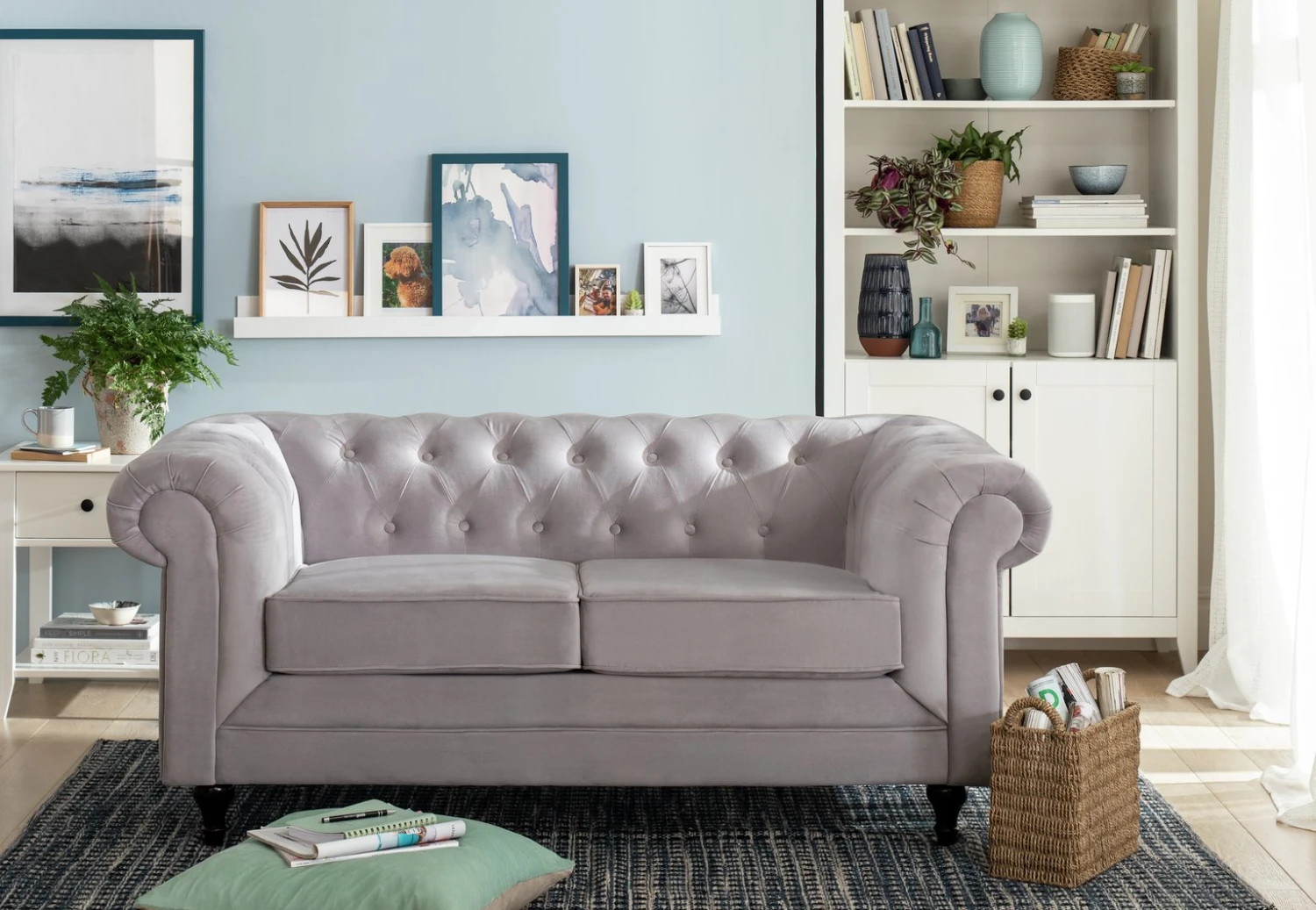 Habitat Chesterfield Fabric 2 Seater Sofa - Light Grey 2 Habitat Chesterfield Fabric 2 Seater Sofa - Light Grey - Image 2