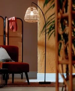 Habitat Rattan Arc Floor Lamp - Cream And Black -Chic Household Items 8024789 R Z002C