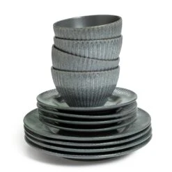 Habitat 12 Piece Stoneware Felicity Dinner Set - Blue -Chic Household Items 9410251 R Z006A